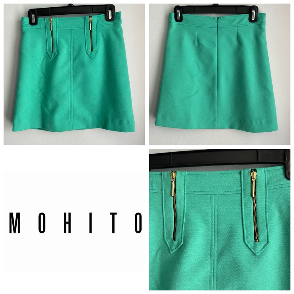 NEW ! Teal/mint green mini skirt size XS with gold zippers